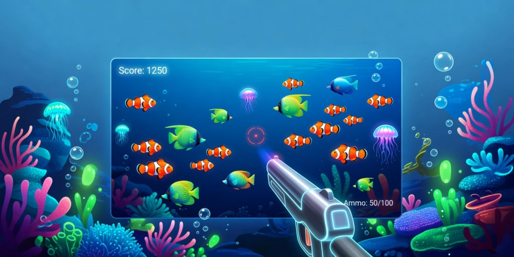Hình minh họa khái niệm bắn cá online nh88 với giao diện game sống động và cá đa dạng.