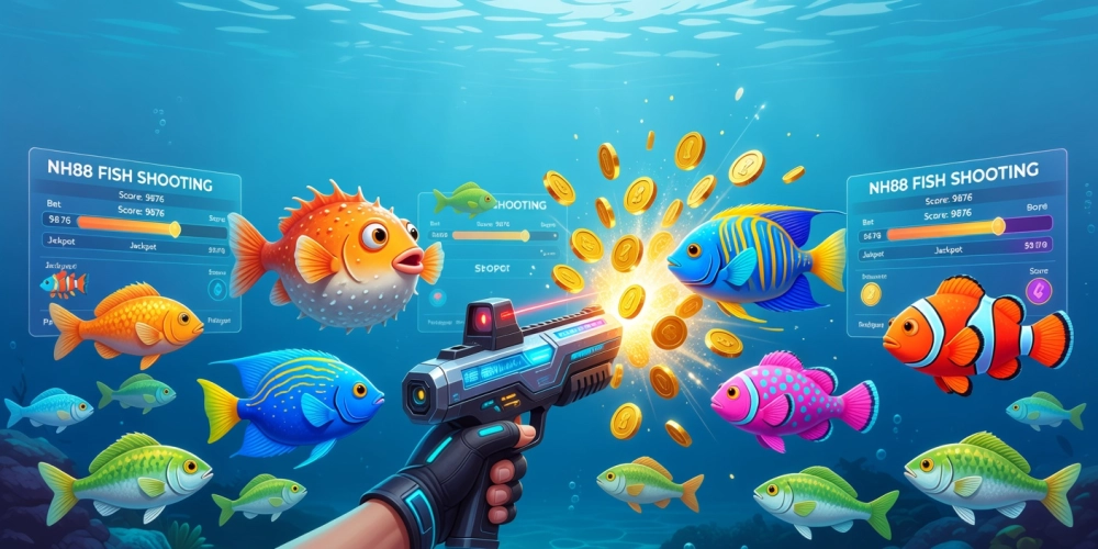 Minh họa giao diện game bắn cá xèng nh88 với cá đa sắc màu và hiệu ứng nổ hũ hấp dẫn