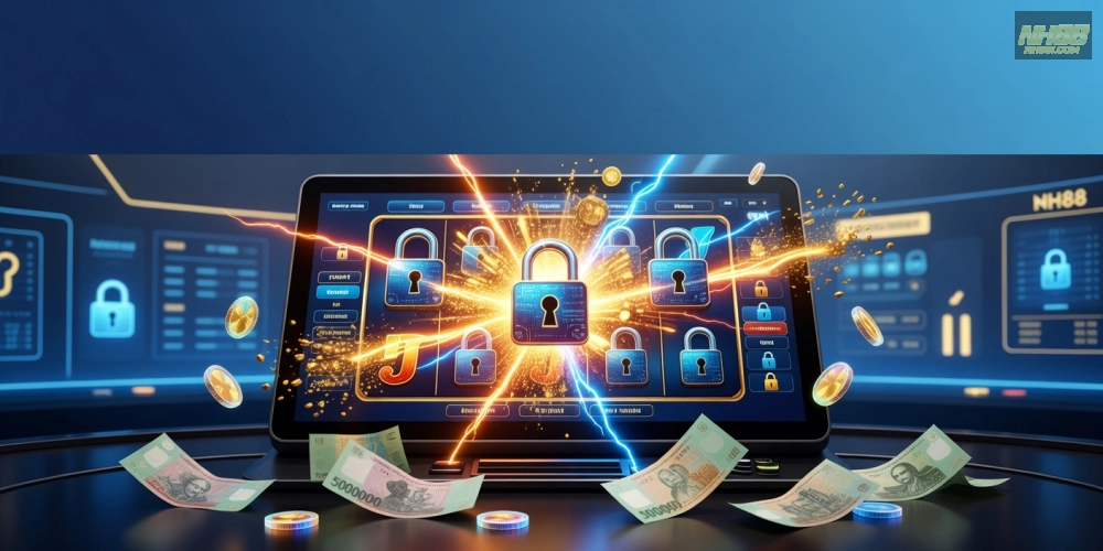 Hình minh họa khái niệm nổ hũ uy tín trên nền tảng NH88 với các biểu tượng jackpot.