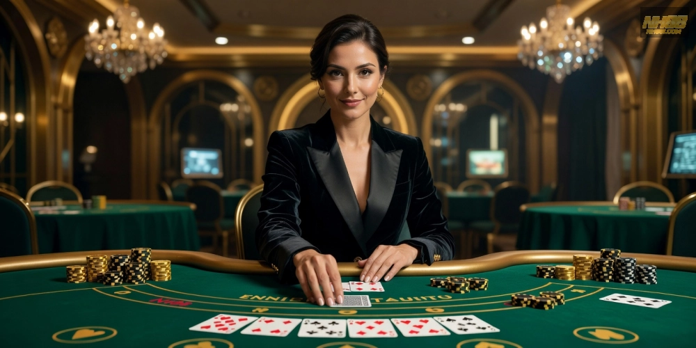 Minh họa bàn chơi baccarat live trên nền tảng nh88 với dealer chuyên nghiệp và giao diện hiện đại