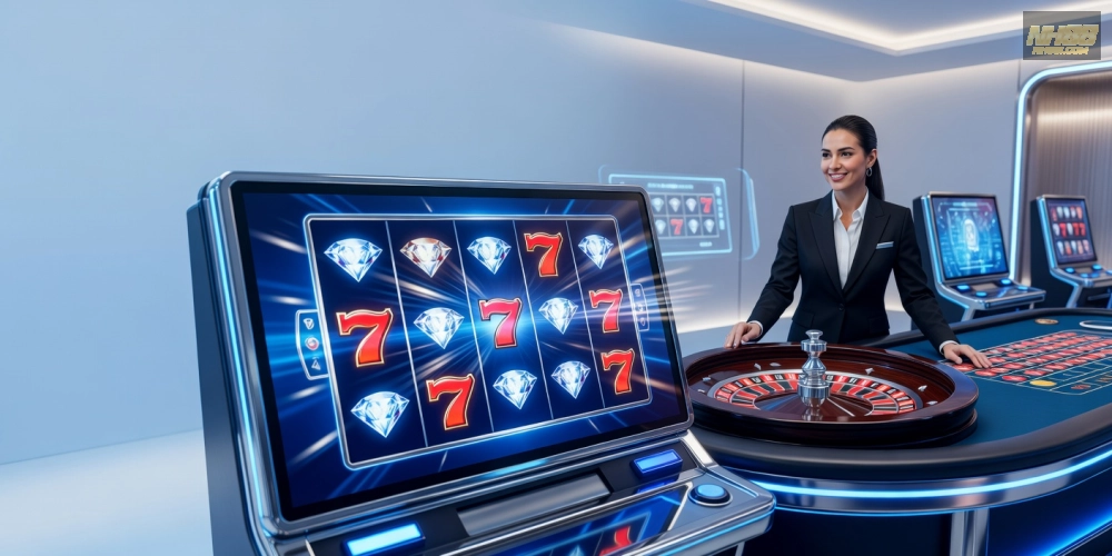 Minh họa khái niệm live casino slot games nh88 với giao diện sống động và dealer chuyên nghiệp